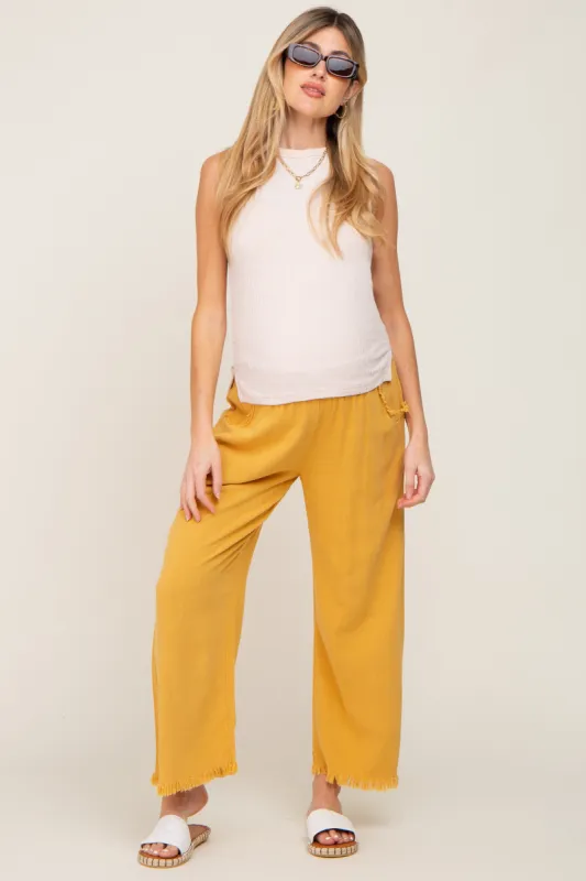 Gold Linen Frayed Hem Crop Maternity Pants sold by Pinkblush