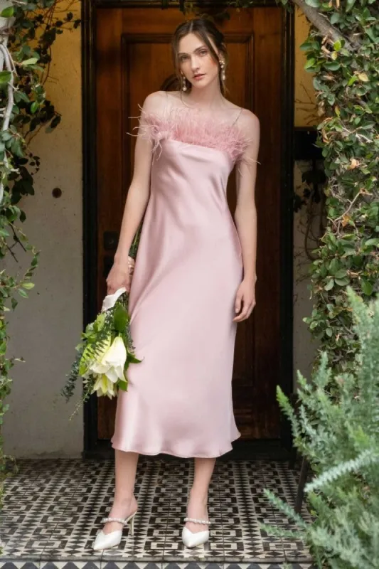 Pink Faux Feather Trim Slip Midi Dress sold by Pinkblush