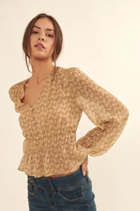Sand Floral V Neck Button Front Sheer Chiffon Blouse sold by Pinkblush