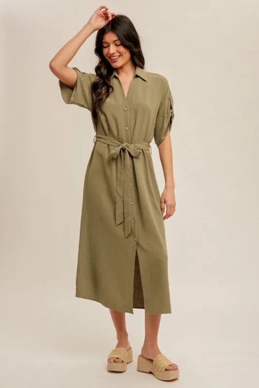 Olive V-Neck Self Tie Belt Short Sleeve Shirt Dress sold by Pinkblush