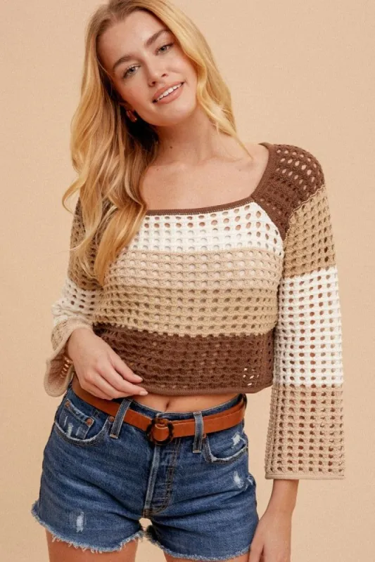 Taupe Multi Square Neck Color-Block Pullover Sweater made by Pinkblush