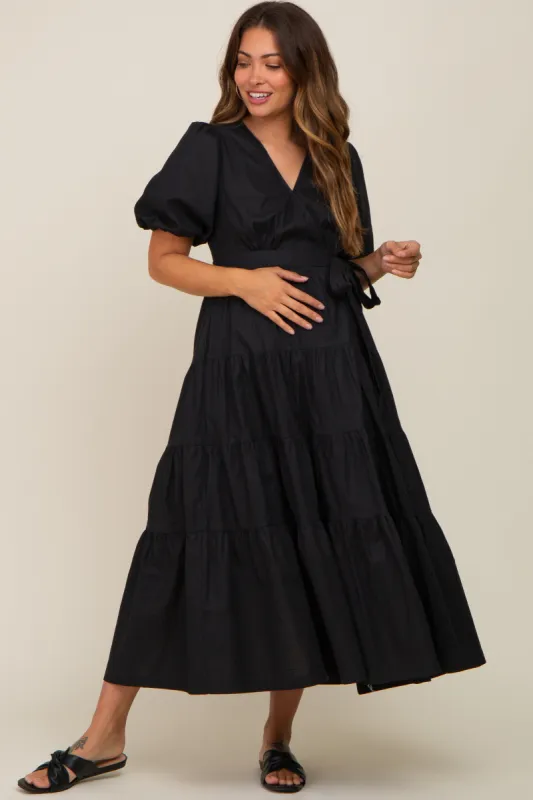 Black Linen Wrap V-Neck Short Sleeve Tiered Maternity Midi Dress sold by Pinkblush