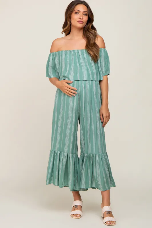 Green Striped Off Shoulder Maternity Jumpsuit sold by Pinkblush