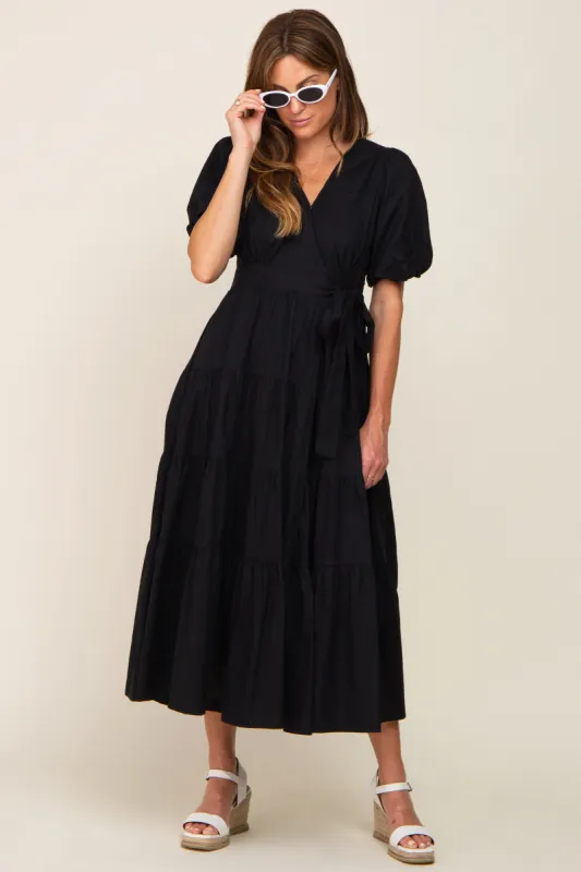 Black Linen Wrap V-Neck Short Sleeve Tiered Midi Dress sold by Pinkblush