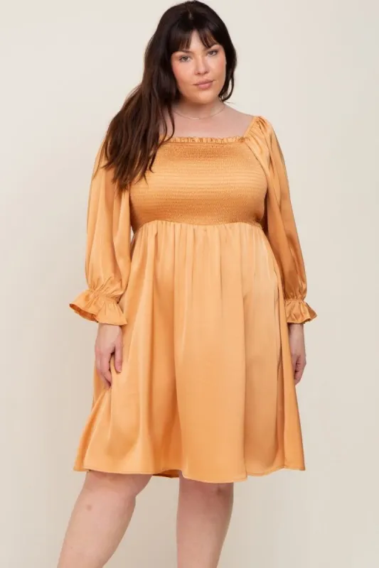 Camel Satin Smocked Square Neck Plus Dress sold by Pinkblush