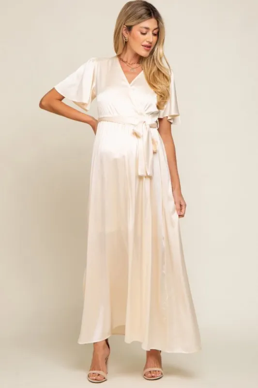 Beige Satin Wrap Maternity/Nursing Dress sold by Pinkblush