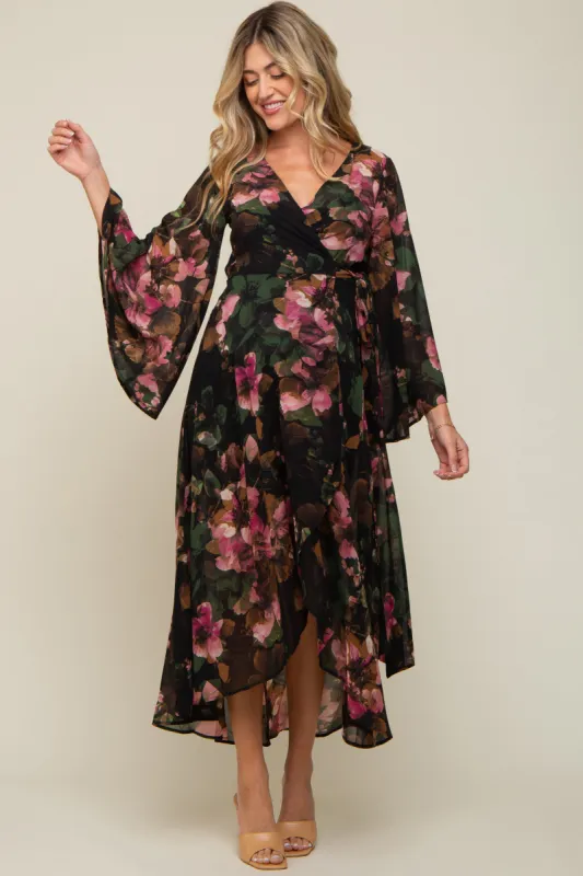 Green Floral Chiffon Wrap Front Hi-Low Maternity Dress sold by Pinkblush