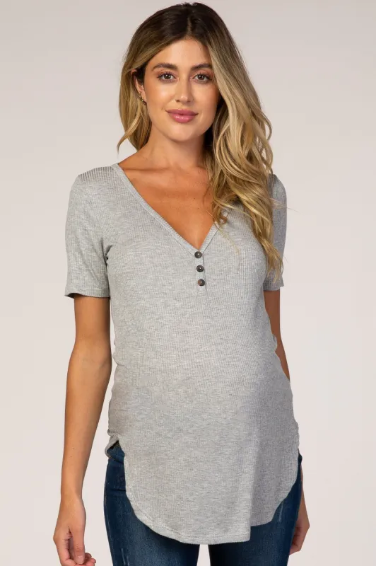 Heather Grey Ribbed Short Sleeve Button Detail Maternity Top sold by Pinkblush