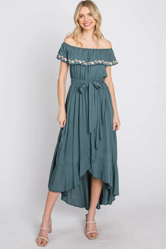 Green Floral Embroidered Off Shoulder Dress sold by Pinkblush