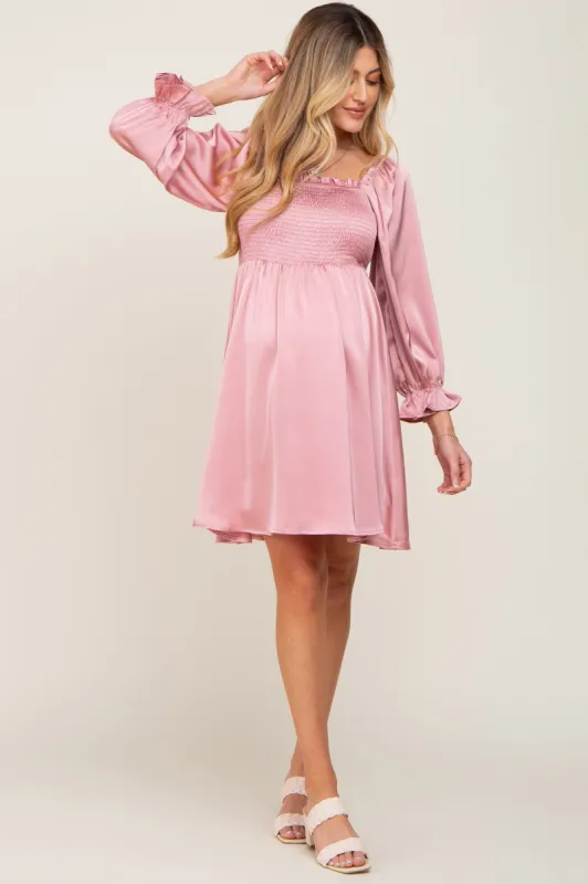 Mauve Satin Smocked Square Neck Maternity Dress sold by Pinkblush
