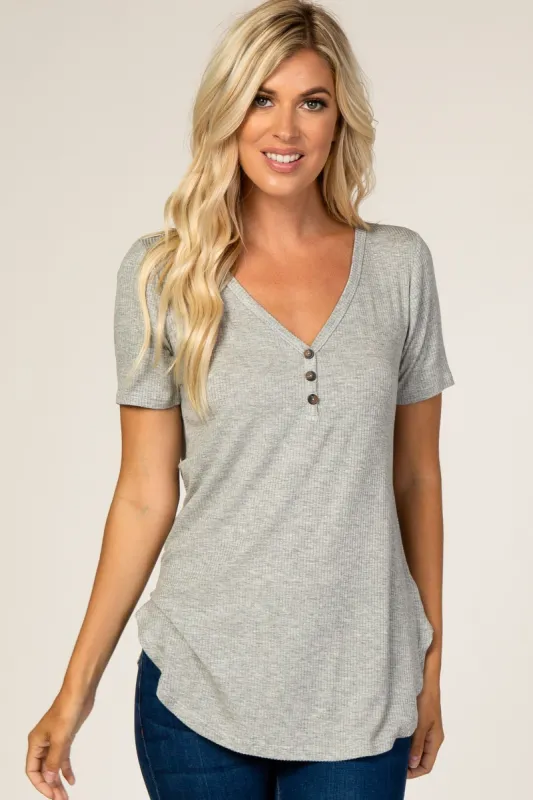 Heather Grey Ribbed Short Sleeve Button Detail Top sold by Pinkblush