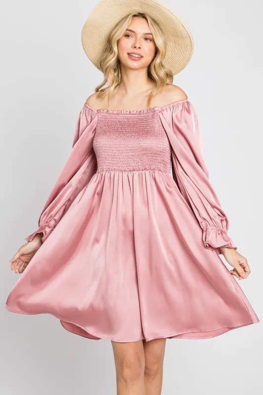 Mauve Satin Smocked Square Neck Dress sold by Pinkblush