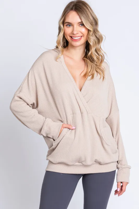 Cream Ribbed Hooded Wrap Long Sleeve Top sold by Pinkblush