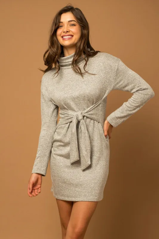 Grey Long Sleeve Waist Tie Turtleneck Dress sold by Pinkblush