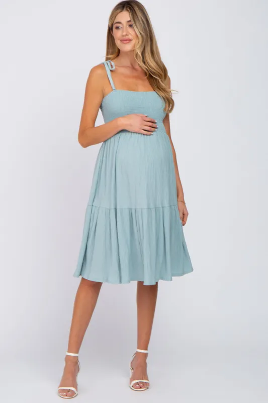 Mint Green Smocked Shoulder Tie Maternity Dress sold by Pinkblush