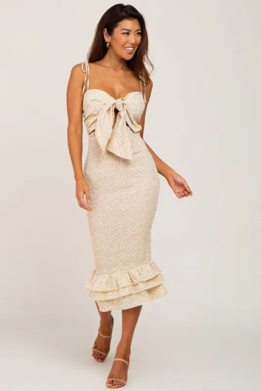 Yellow Floral Front Tie Cutout Smocked Midi Dress sold by Pinkblush