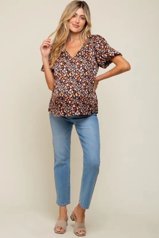 Black Animal Print Puff Sleeve Maternity Top sold by Pinkblush