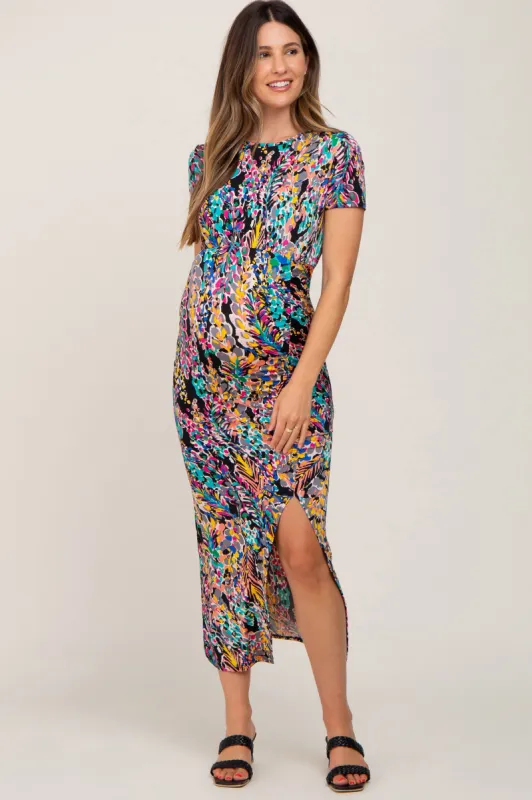 Black Multi-Color Floral Side Slit Maternity Maxi Dress sold by Pinkblush