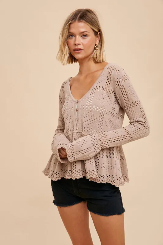 Almond Pointelle Knit Peplum Sweater sold by Pinkblush