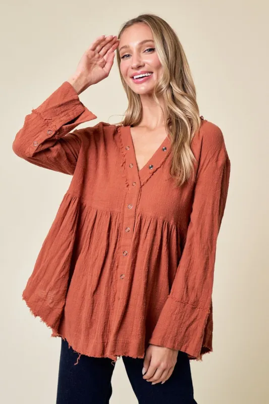 Rust Edge Washed Long Sleeve Button Down Shirt sold by Pinkblush