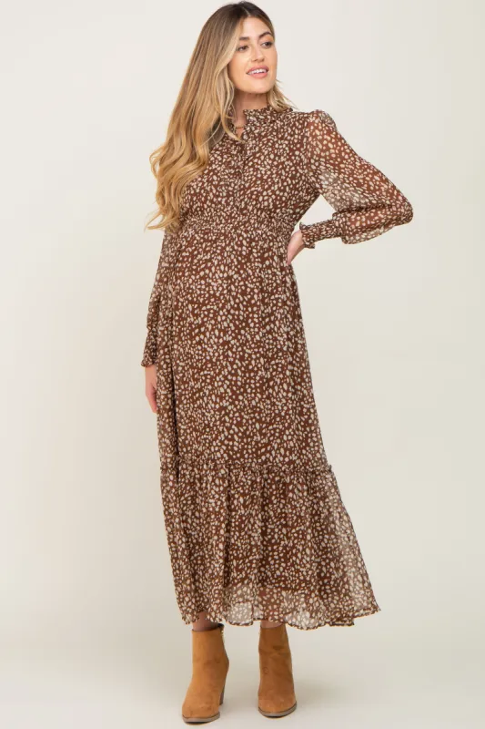 Brown Animal Print Chiffon Ruffle Accent Maternity Dress sold by Pinkblush
