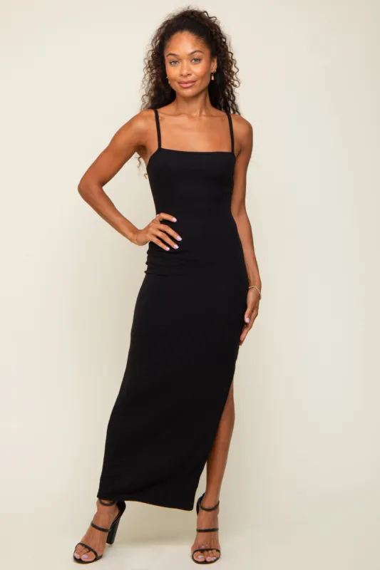 Black Ribbed Side Slit Midi Dress sold by Pinkblush