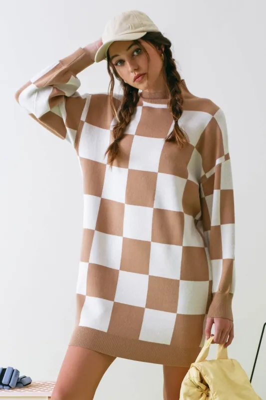 Taupe Checkered Knit Sweater Dress sold by Pinkblush