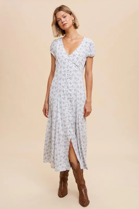 French Blue Viscose Floral Button Down Midi Dress sold by Pinkblush