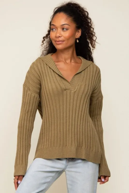 Olive Ribbed Knit Collared Long Sleeve Top sold by Pinkblush