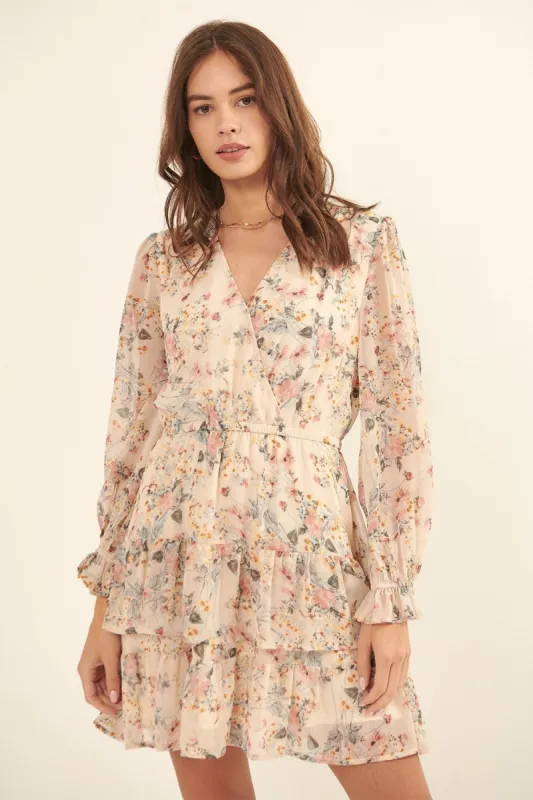 Cream Floral Surplice Neck Tier Ruffle Layer Mini Dress sold by Pinkblush
