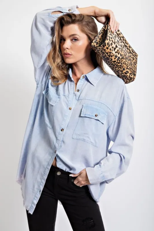 Light Blue Collared Button Front Raw Hem Top sold by Pinkblush