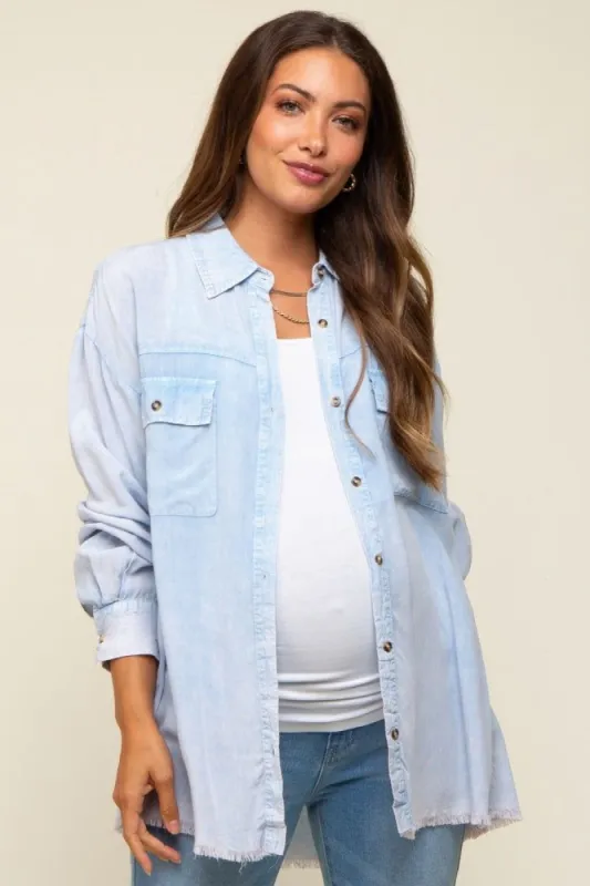Light Blue Collared Button Front Raw Hem Maternity Top sold by Pinkblush