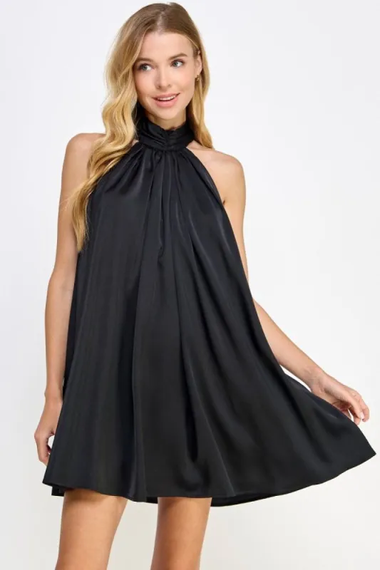 Black Mock Neck Halter Satin Mini Dress sold by Pinkblush