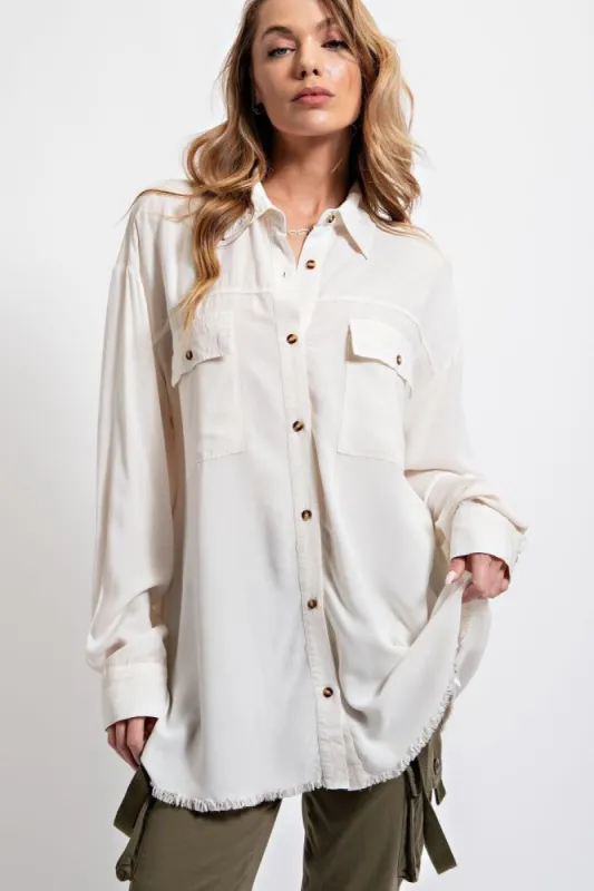 Ivory Collared Button Front Raw Hem Top sold by Pinkblush