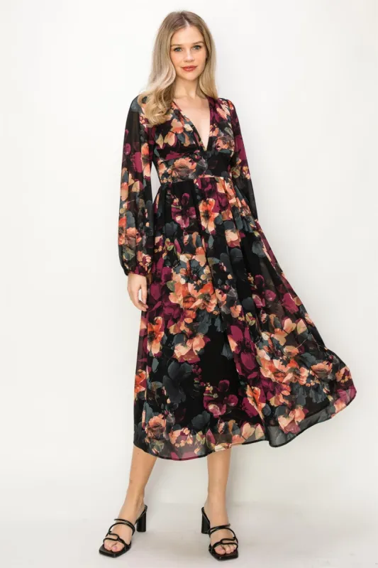 Burgundy Chiffon Floral Long Sleeve V-Neck Maxi Dress sold by Pinkblush