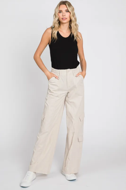 Cream Cargo Elastic Waist Pants sold by Pinkblush