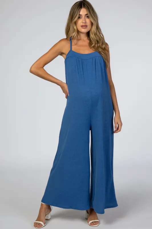 Blue French Terry Wide Leg Maternity Jumpsuit sold by Pinkblush