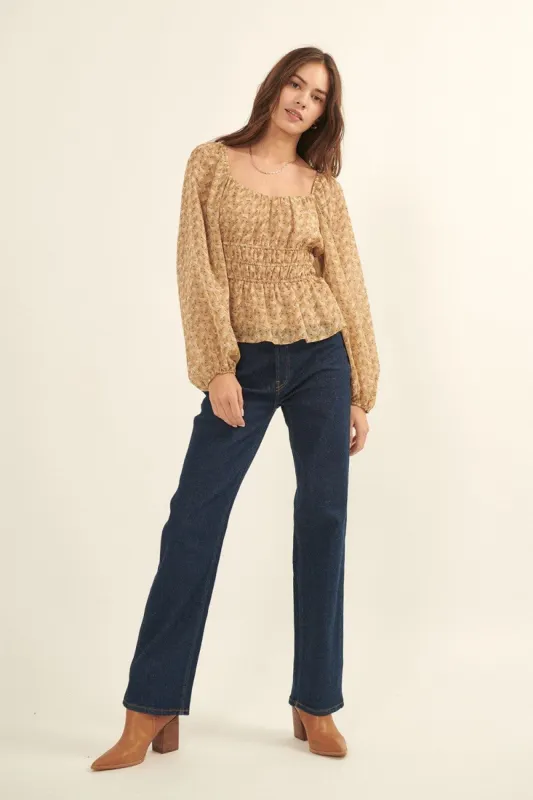 Sand Floral Square Neck Long Sleeve Woven Blouse sold by Pinkblush