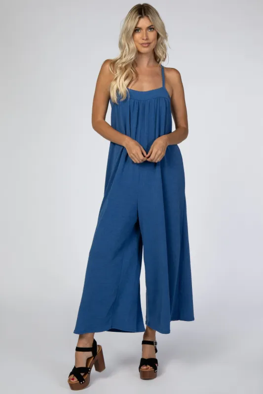 Blue French Terry Wide Leg Jumpsuit sold by Pinkblush