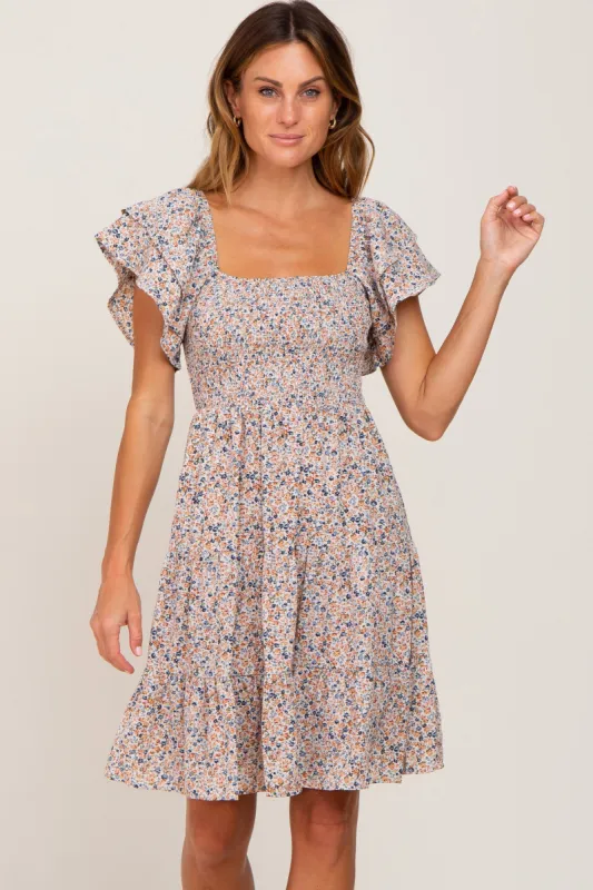 Cream Floral Smocked Tiered Dress sold by Pinkblush