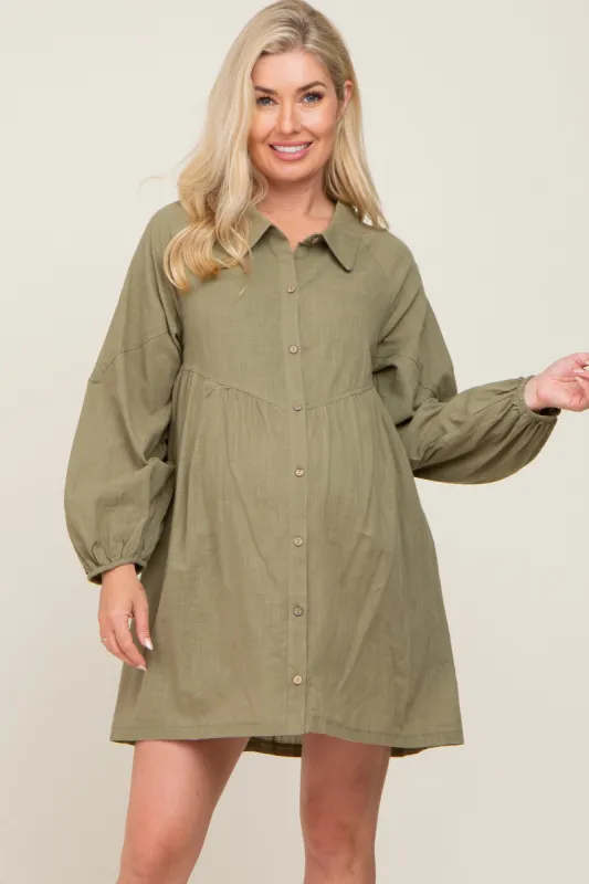 Olive Button Down Maternity Mini Dress sold by Pinkblush