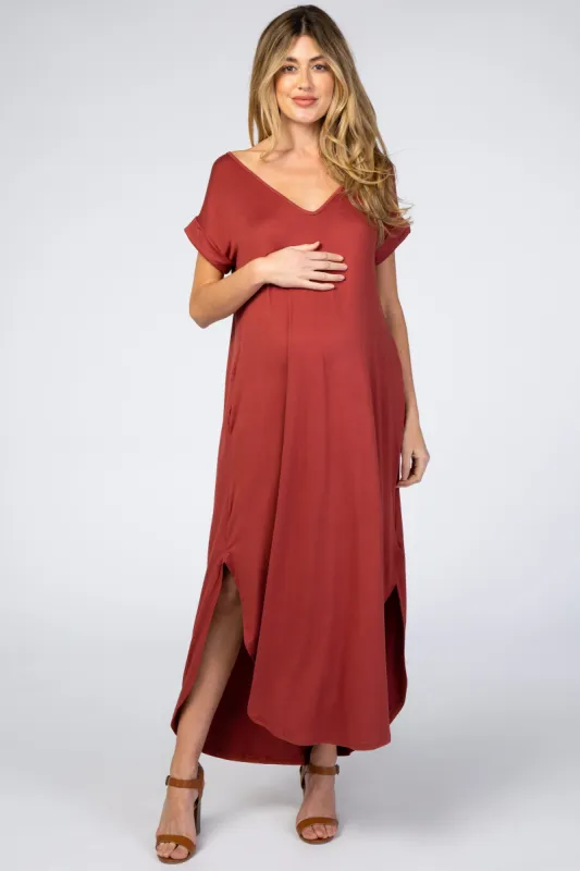 Rust Side Slit Maternity Maxi Dress sold by Pinkblush