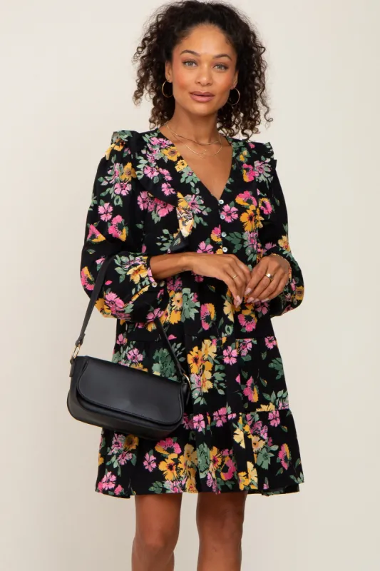 Black Floral Ruffle Accent Long Sleeve Dress sold by Pinkblush