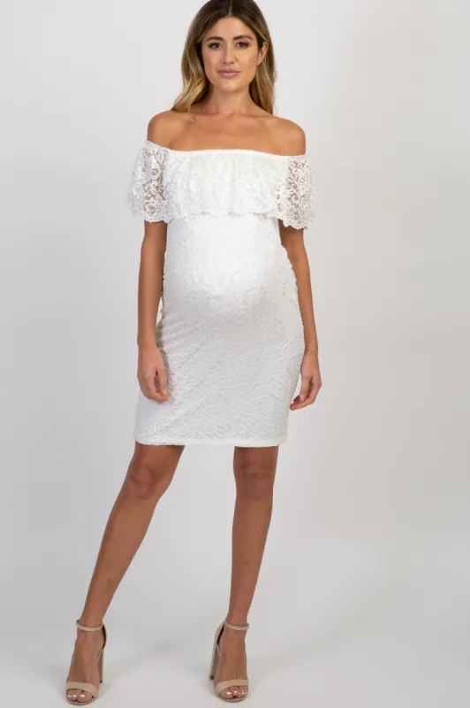 White Lace Off Shoulder Fitted Maternity Dress sold by Pinkblush