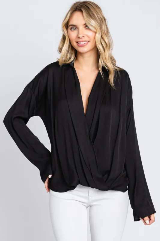 Black Draped Wrap Collared Top sold by Pinkblush
