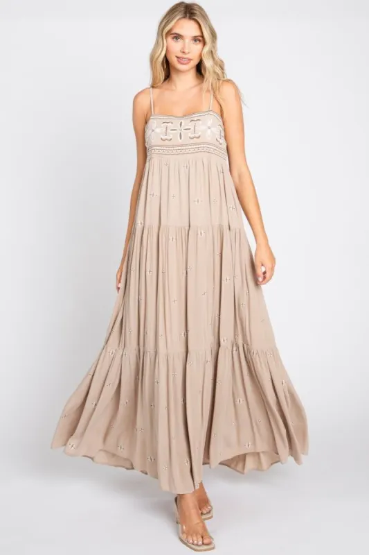 Light Mocha Floral Embroidered Tiered Maxi Dress sold by Pinkblush