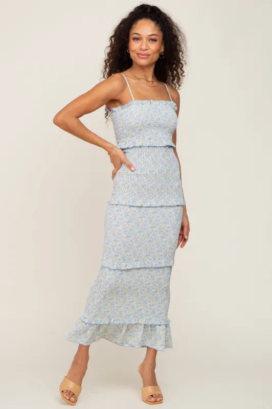 Blue Floral Chiffon Smocked Tiered Square Neck Midi Dress sold by Pinkblush