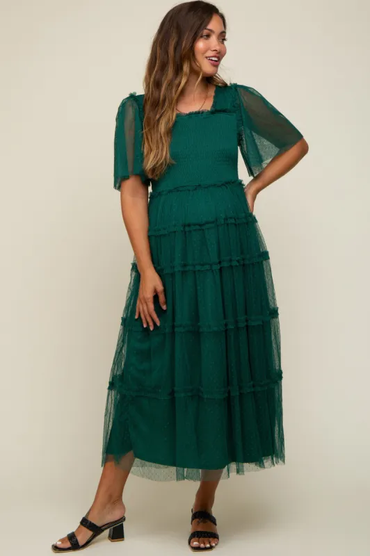 Forest Green Ruffled Mesh Maternity Maxi Dress sold by Pinkblush