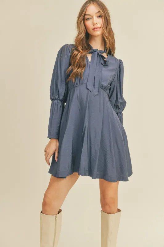Navy Peony Tie Neck Mini Dress sold by Pinkblush