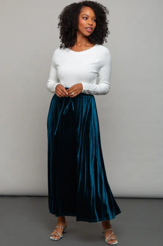 Teal Velvet Knit Drawstring Maxi Skirt sold by Pinkblush